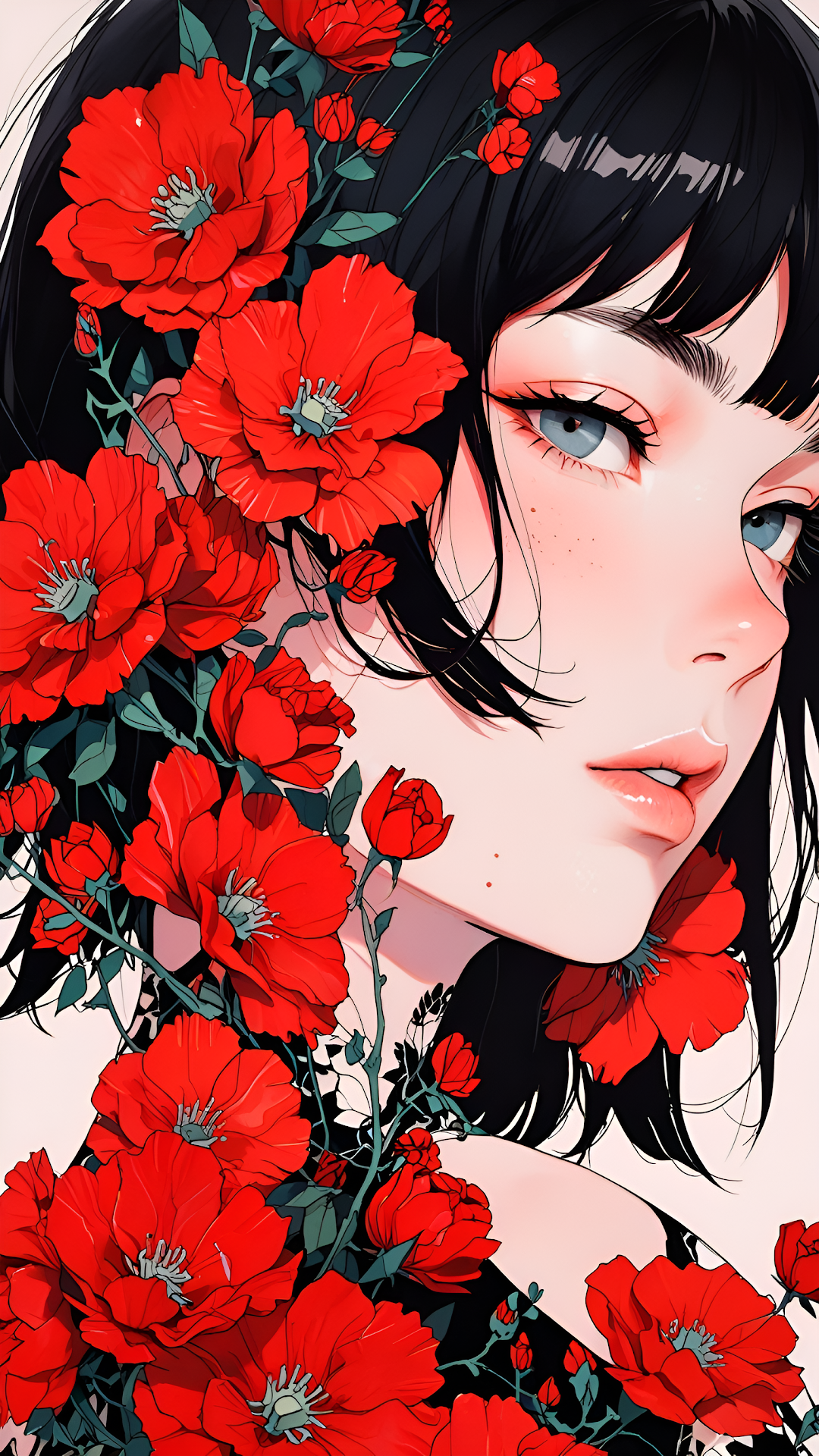 Ethereal Girl Red Poppies Floral Portrait Illustration - Free 4K mobile Wallpaper