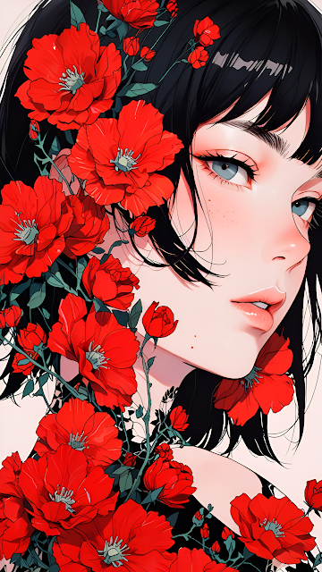 Ethereal Girl Red Poppies Floral Portrait Illustration - Free mobile Wallpaper