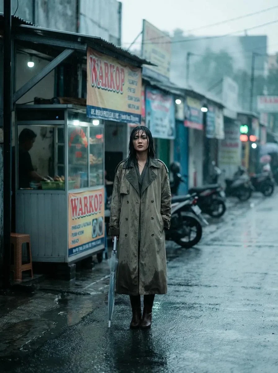 Editorial de moda de cuerpo entero de una hermosa mujer indonesia, pavimento mojado afuera de Warkop, suave desenfoque de lluvia...