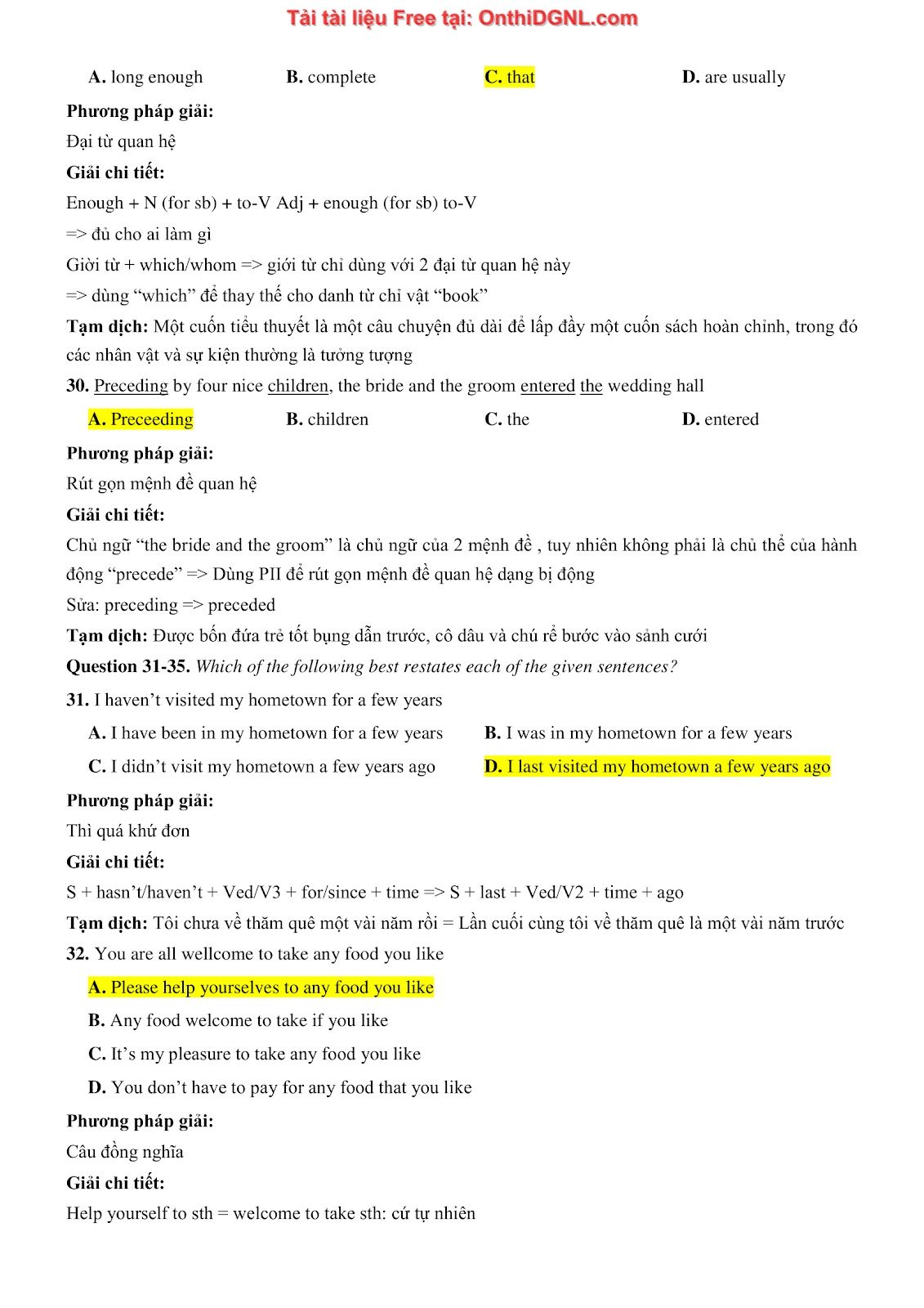 800 bài tập môn Tiếng Anh - Ôn thi ĐGNL ĐHQG TP HCM Phần 36