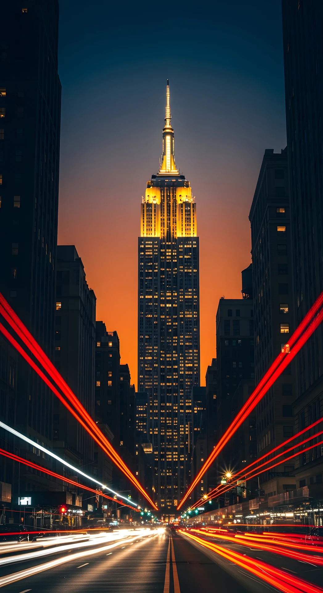Vertical Night View of Empire State Building with Traffic Light Trails at Twilight - Free 4K mobile Wallpaper