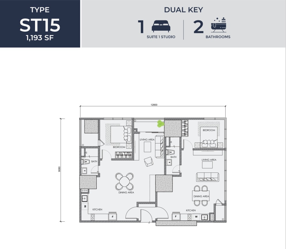 Centrix Type ST15 floor plan — 1187 sq ft, 3 bedrooms