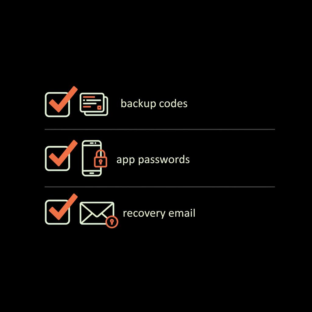 Flat 2D vector checklist infographic with three ticked boxes and icons for backup codes, app passwords, and recovery email on black background — yahoo account recovery without code