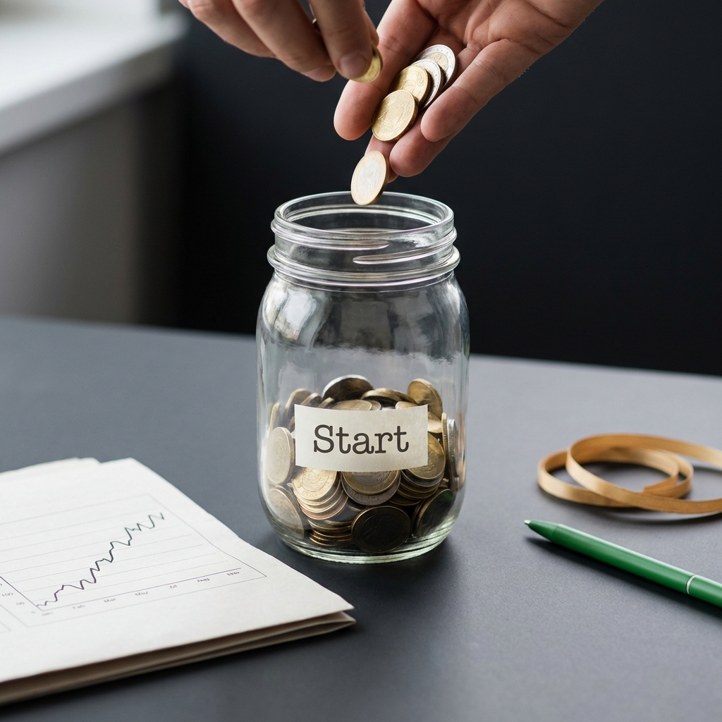 Photorealistic close up of hands placing coins into a jar labeled Start beside a simple printed chart on dark background for investing for beginners