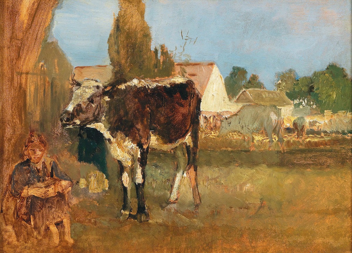 Animal Study  Landscape with Farmhouse Cows and Farmers Wife