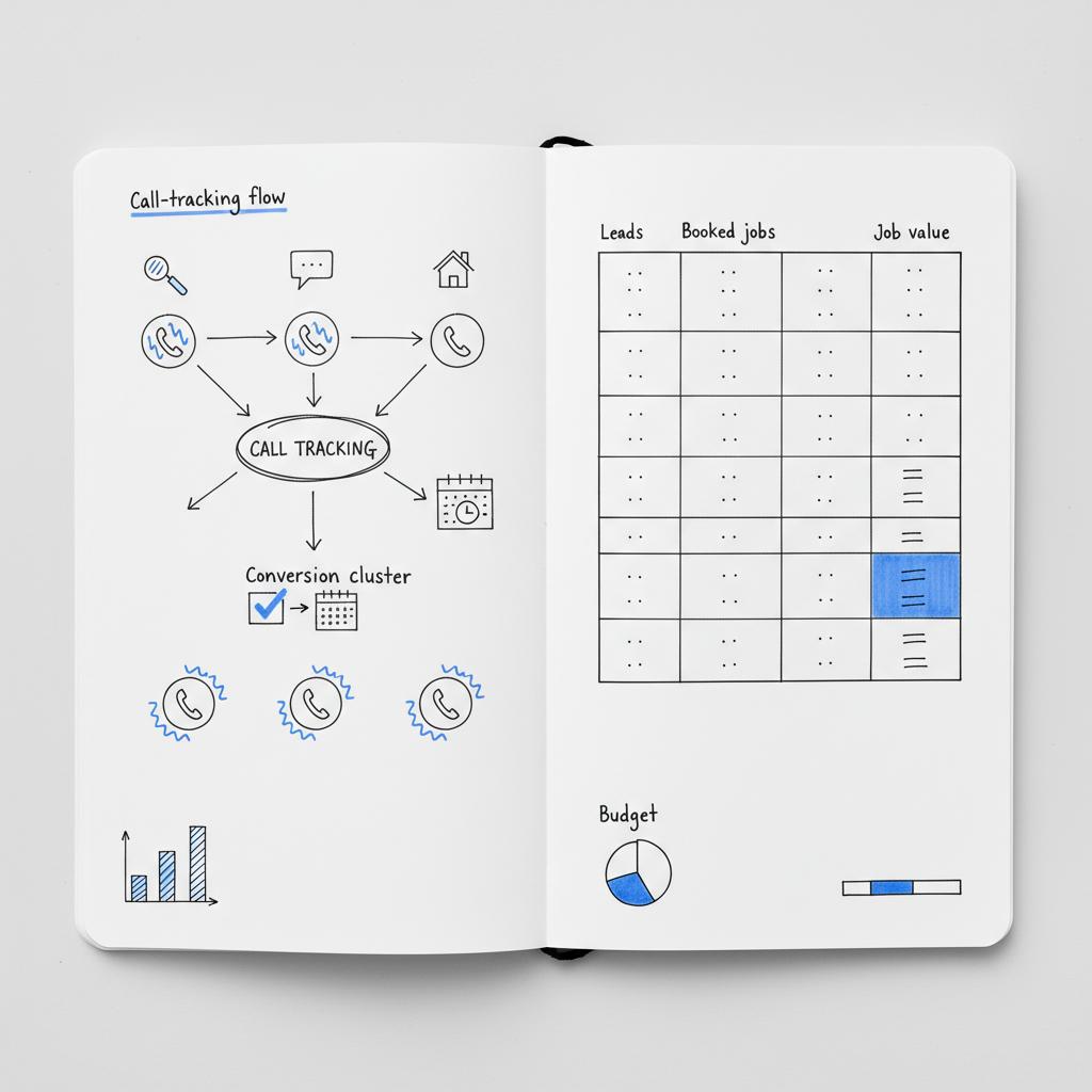 Notebook-style sketch for where do plumbers advertise showing call-tracking flow with unique phone numbers per channel and a simple leads→booked jobs→job value table in brand colors.