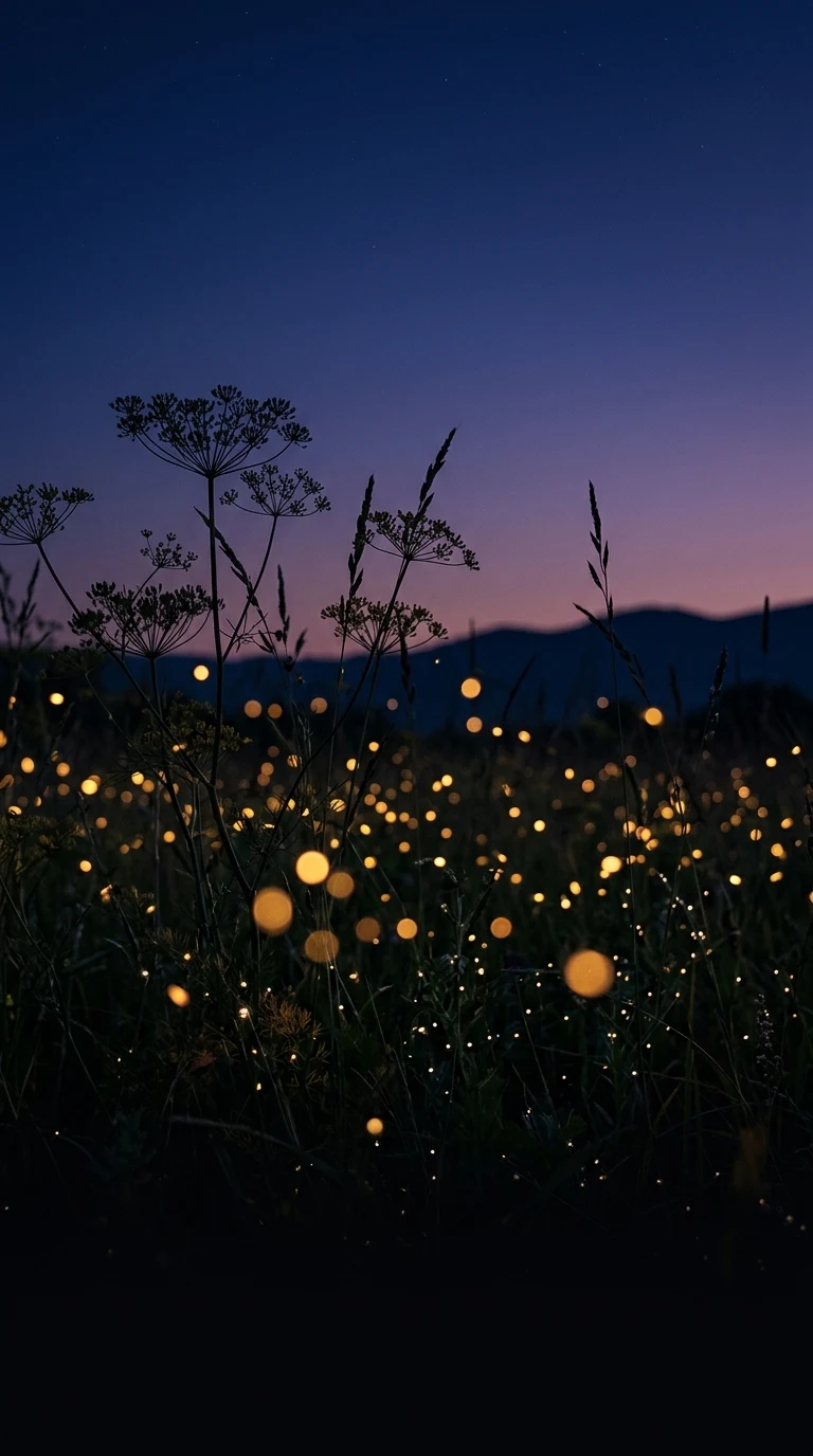 Bioluminescent Fireflies in Wildflower Field Wallpaper - Free 4K mobile Wallpaper