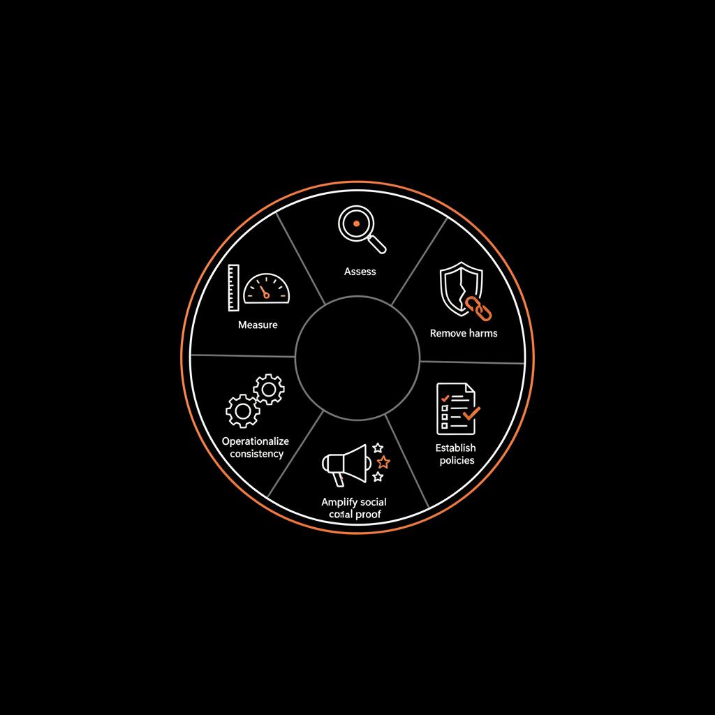Minimal 2D vector circular infographic with seven line icons representing a step-by-step playbook to improve brand credibility, on a black background using Social Success Hub colors.