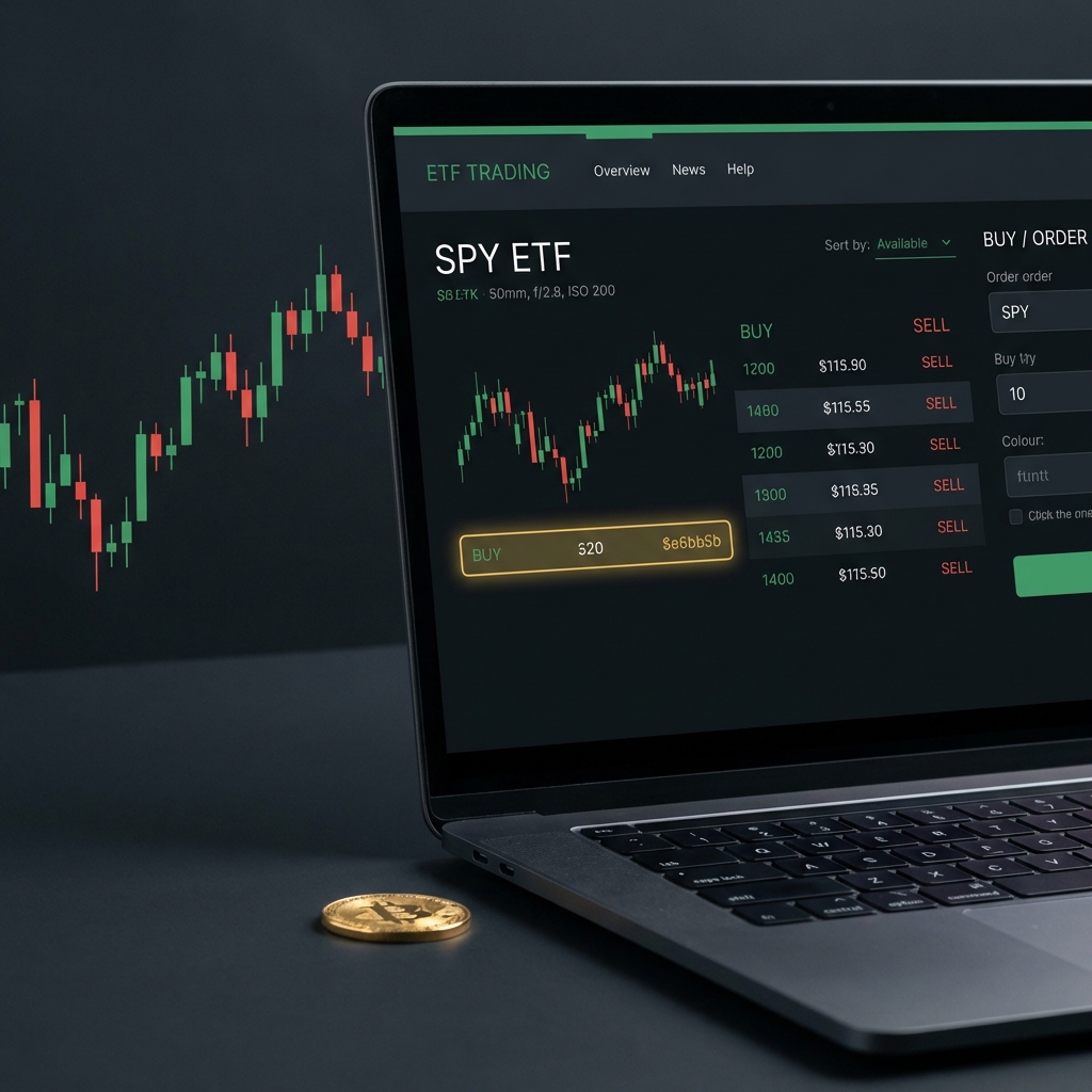 Close up editorial photo of a laptop ETF trade screen with a small gold coin beside the keyboard showing buy orders how to buy gold on stock market