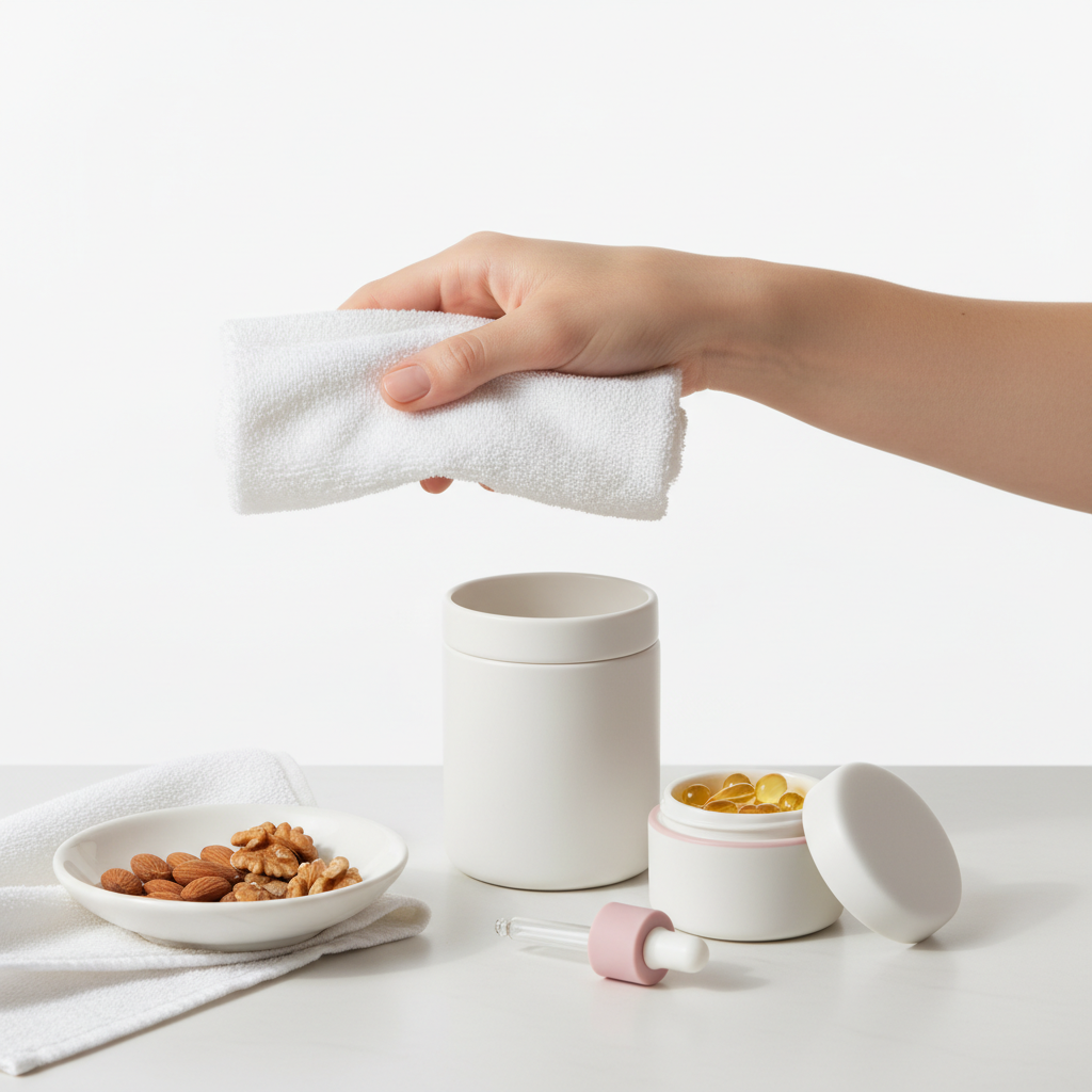 Minimalistisches Badezimmerstillleben mit Hand, Tuch, unlabeled Supplement-Behälter, Schale Nüsse und Fischölkapseln – thematisch zu Eisenmangel Haare.