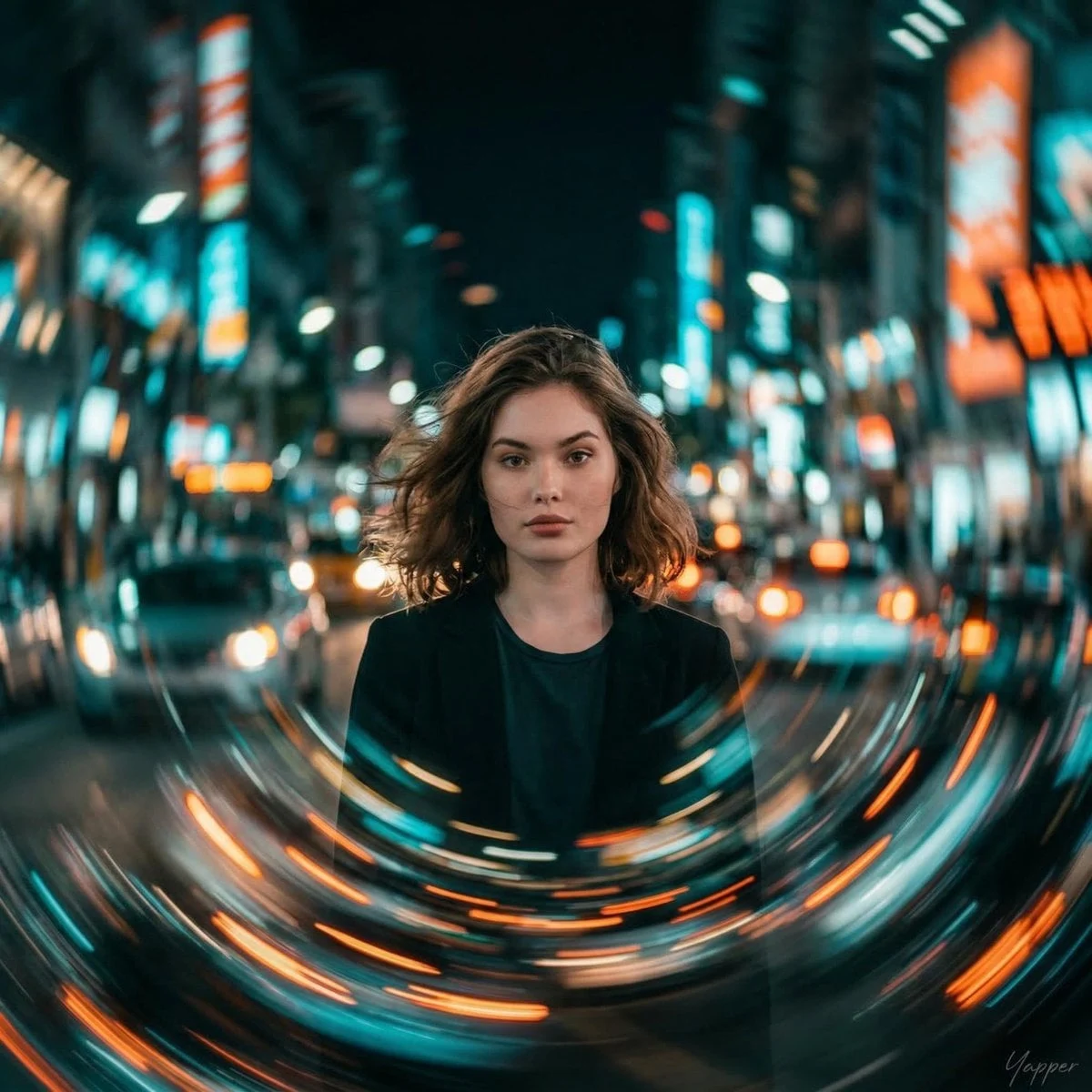 Retrato cinematográfico de una joven que permanece completamente inmóvil mientras la ciudad a su alrededor gira en un movimiento circular...