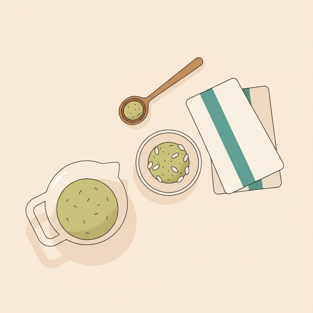 Minimalistische 2D-Vektoransicht: Messbecher mit Vollkornmehl, Schale mit gemahlenen Mandeln, Löffel mit pflanzlichem Proteinpulver und Stoffserviette in Vegardians-Farben auf #F7EDE6. Wie gesund sind Plätzchen?