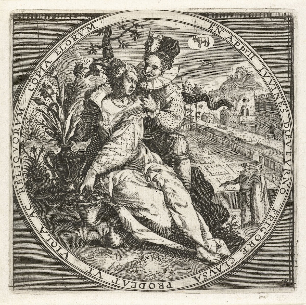 The month of April a couple in the garden 1650 1675