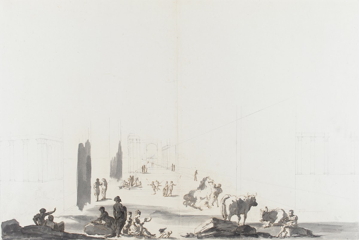 Figures and Animals in Deep Architectural Setting 18th 19th century
