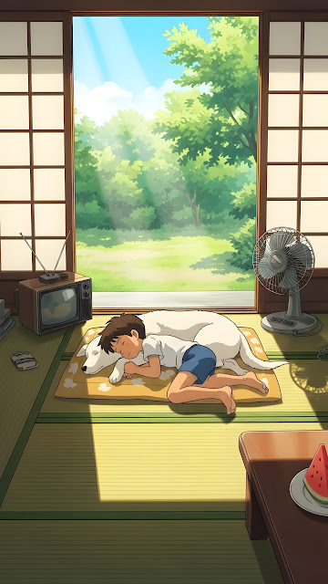 Anime Style Illustration of a Boy and Dog Relaxing Indoors on a Summer Afternoon - Free mobile Wallpaper