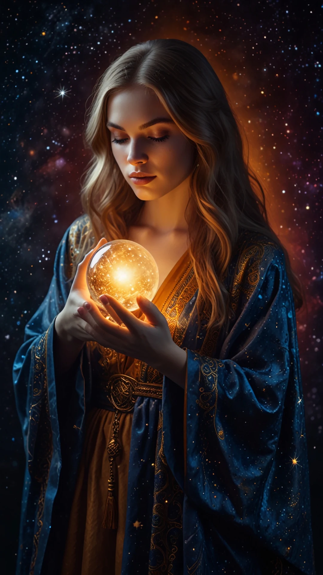 Mystic woman holds glowing orb against starry cosmic backdrop - Free 4K mobile Wallpaper