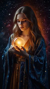 Mystic woman holds glowing orb against starry cosmic backdrop