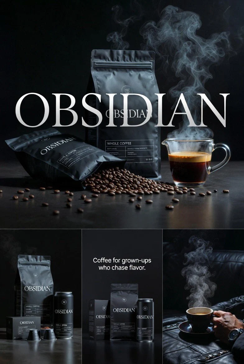 Crea cuatro imágenes editoriales realistas de alta calidad conectadas entre sí para el café OBSIDIAN.