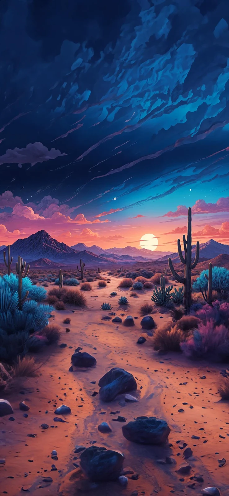 Vibrant Desert Path At Sunset - Digital Art Full HD iPhone Wallpaper (1179x2556)