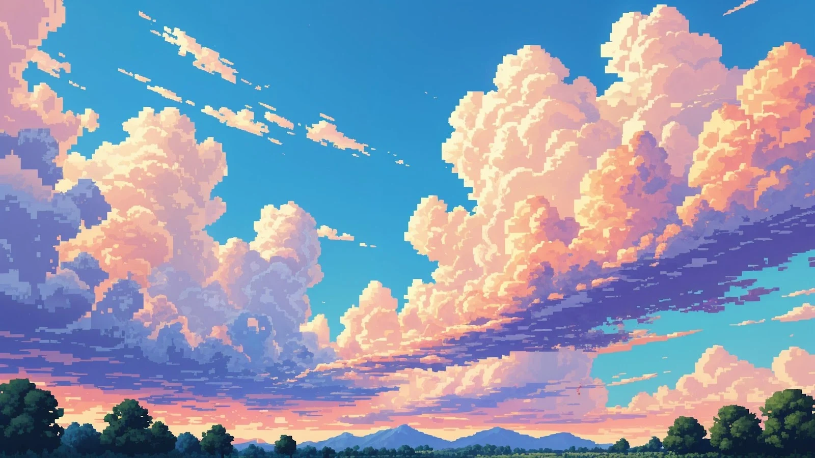 Pixel Art, Sky, Landscape, Sunset 5K Wallpaper Background (5760x3240)