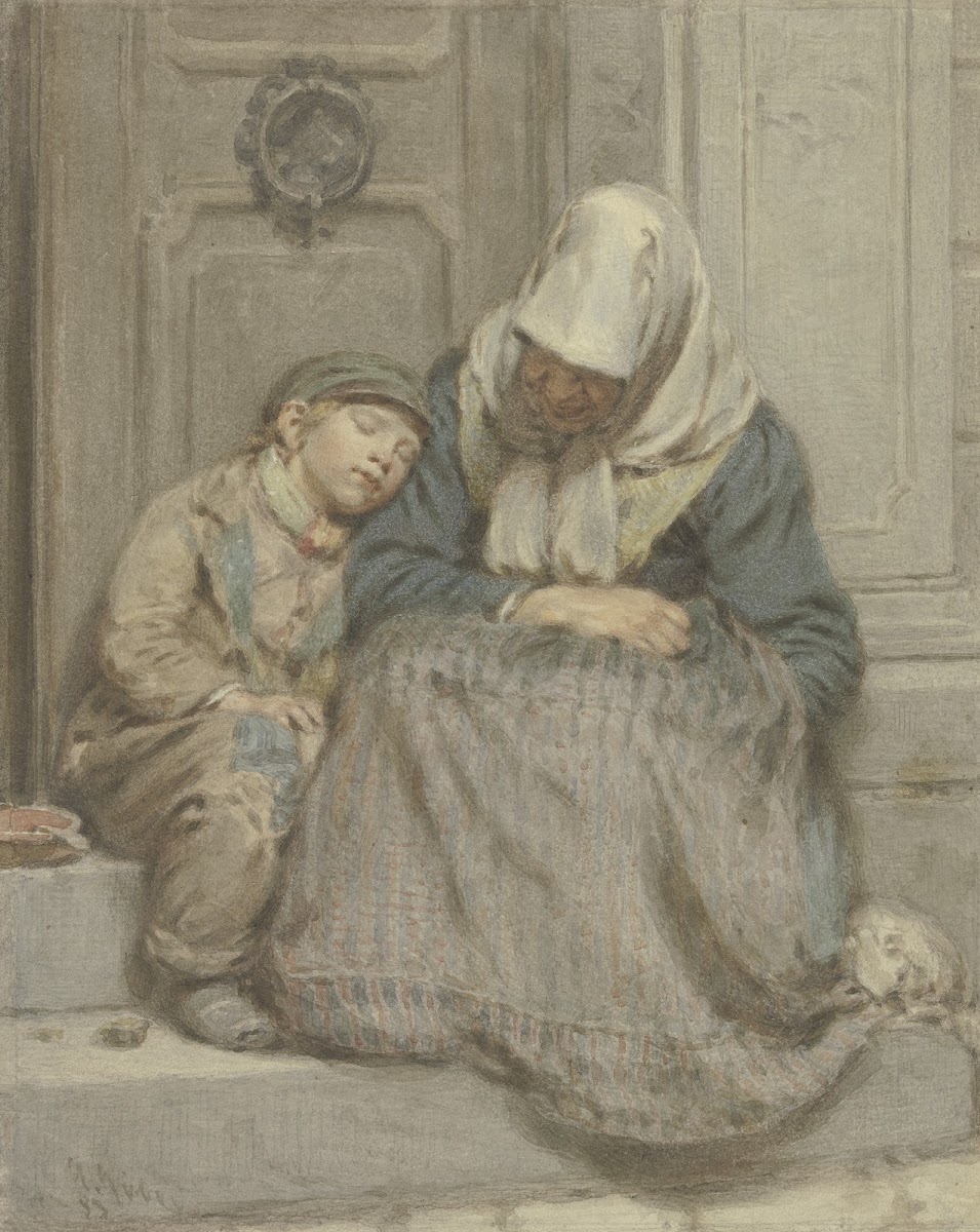 Frau mit Knabe vor einer Türe schlafend 1853