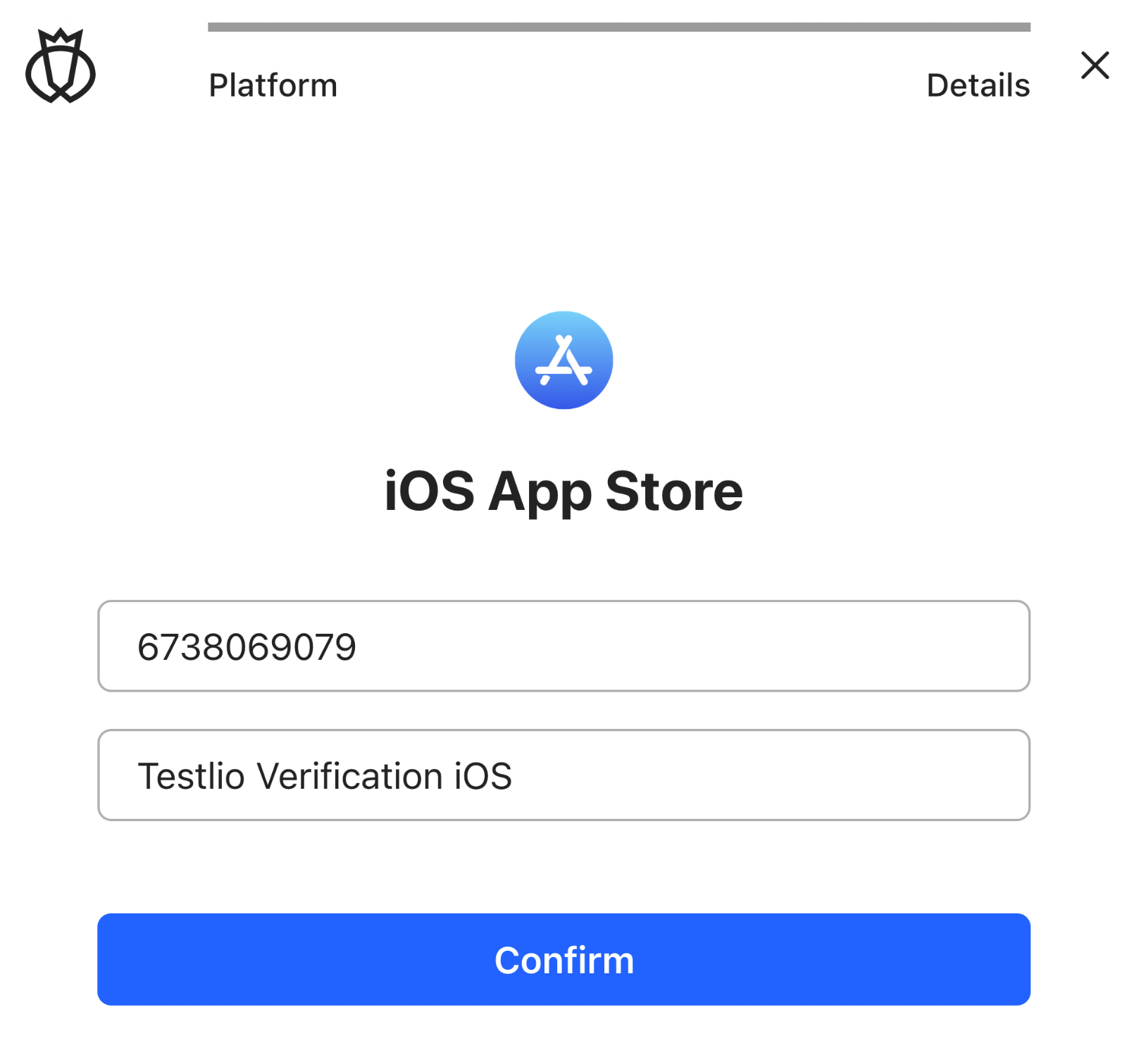 The details for the iOS App Store filled in with an app ID of 6738069079 and a name of 'Testlio Verification iOS'.