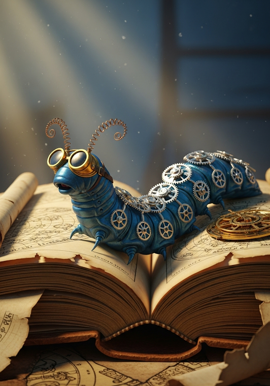 Steampunk Worm Reads Ancient Tome