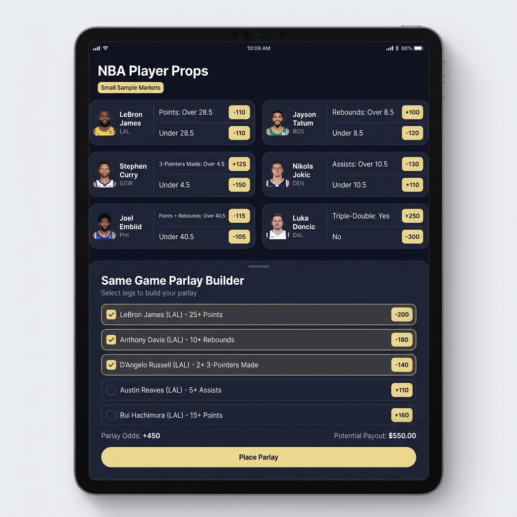 Clean screenshot style app market mockup showing nba sportsbooks player props and a same game parlay builder on Funded Plays dark branded background
