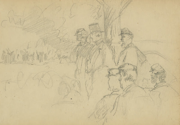 Officers and gentlemen watching a ceremony from a tree 1861 1864