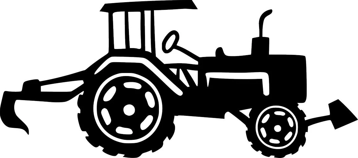 A minimalist black silhouette of a farm tractor with a plow, designed as a Valentine's Day SVG cut file.