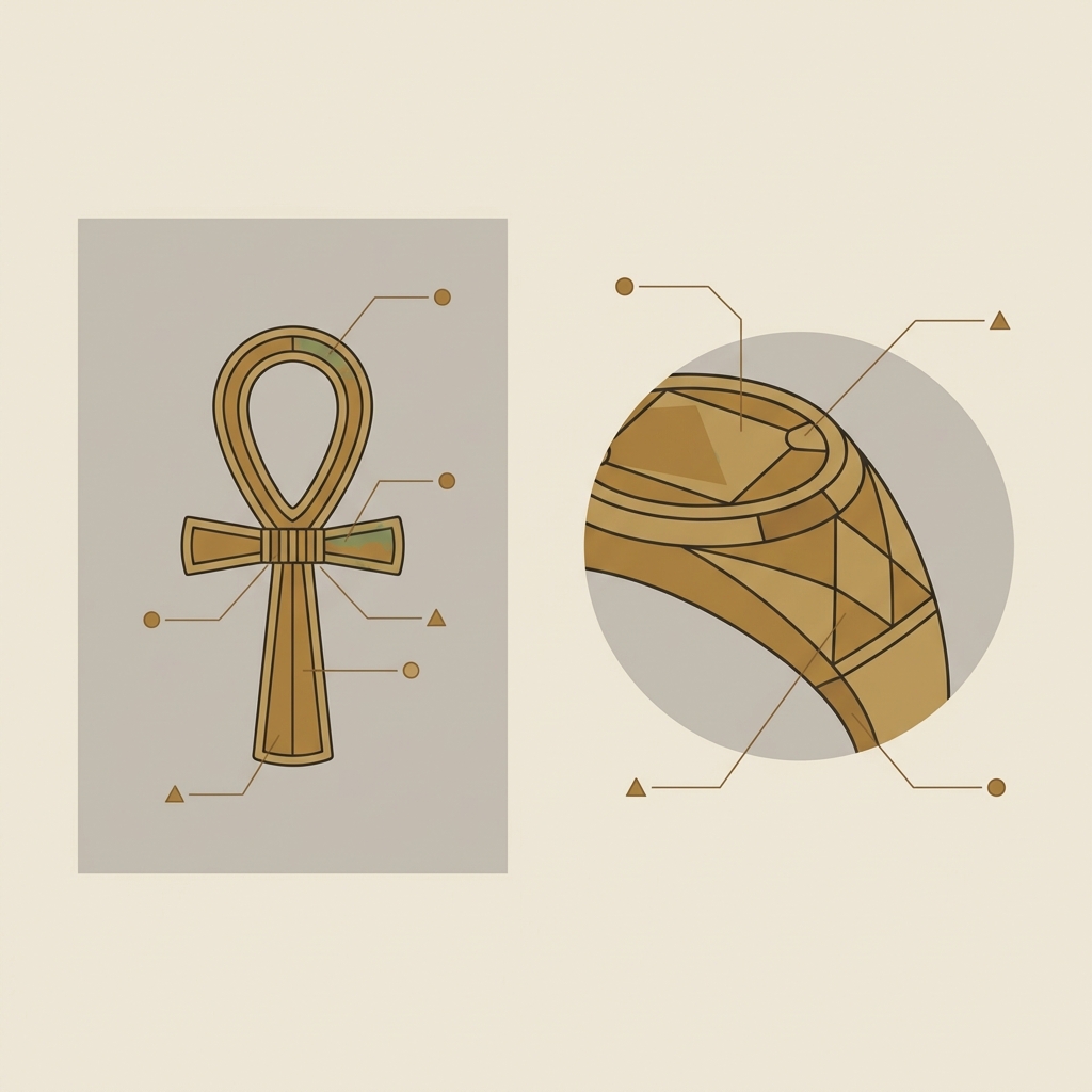 Minimal 2D vector museum plate featuring ankh ring and close up ring bezel with geometric callout markers in Aurora Antiqua color palette