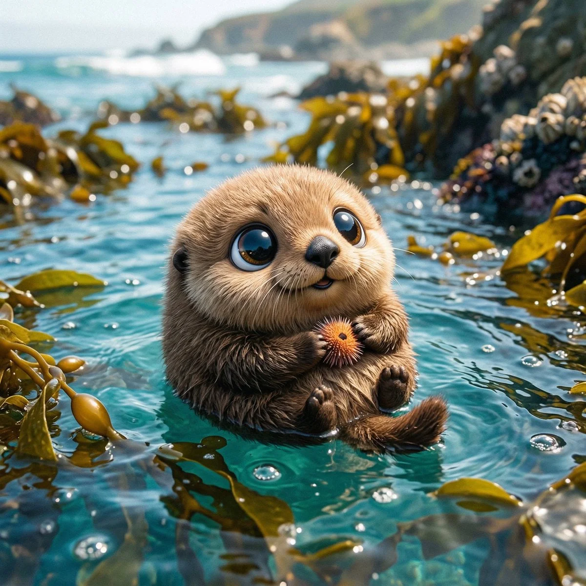 Haz una foto de una linda versión en forma de bola de un [animal], con ojos grandes y adorables, no tiene cabeza,...