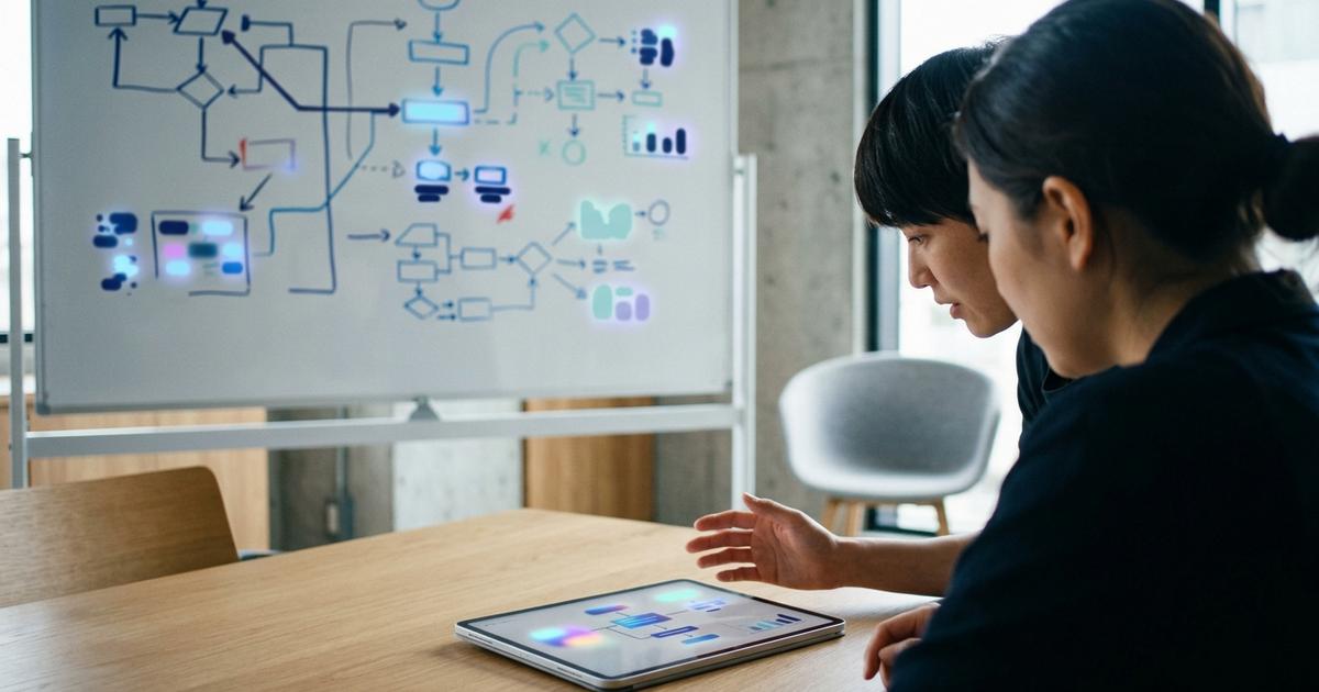 Echipă MASTECH planificând automatizare AI și integrare ERP pe tabletă
