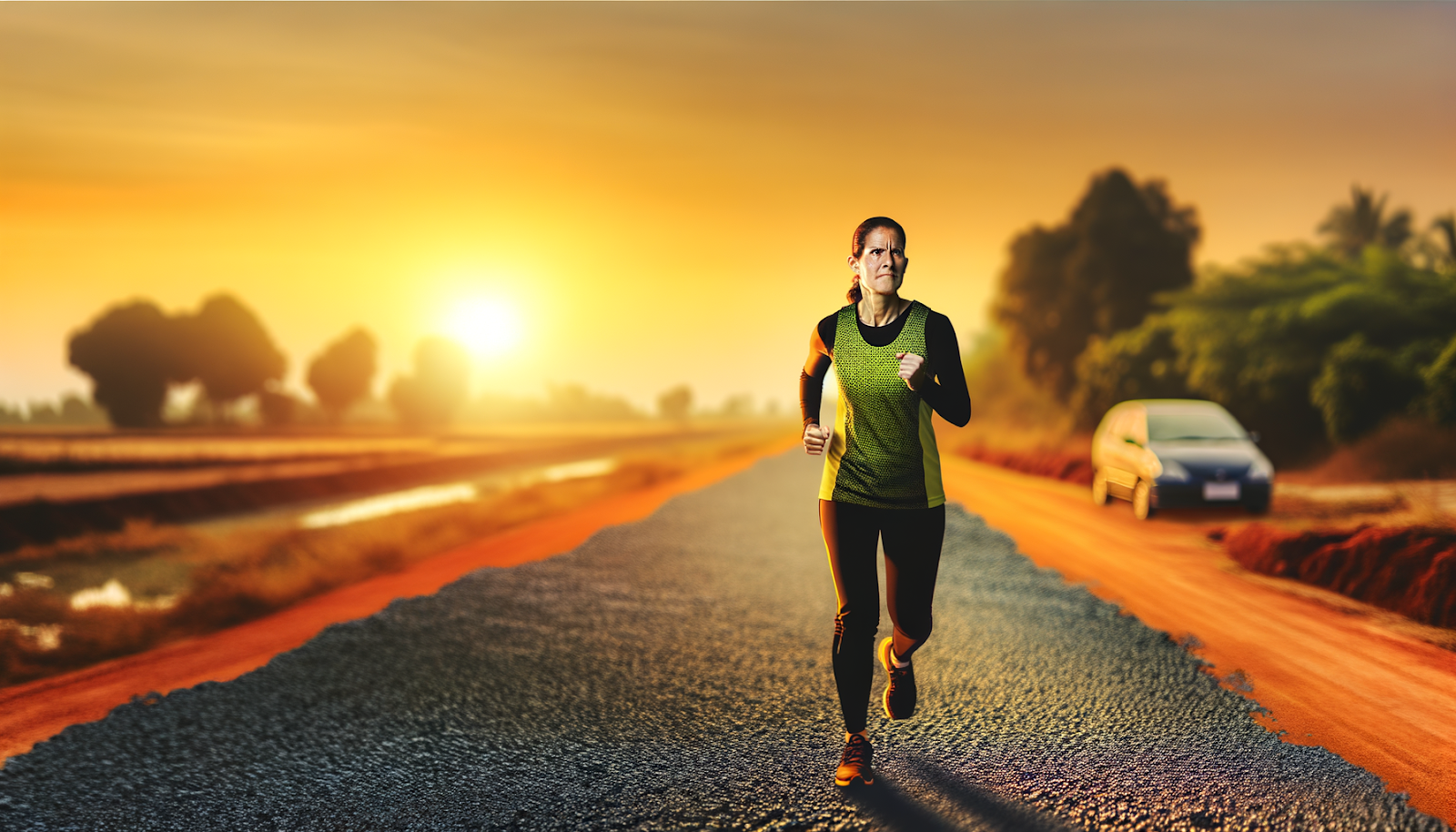 Corredora entrenando al amanecer en una ruta suburbana para preparar su primera media maratón