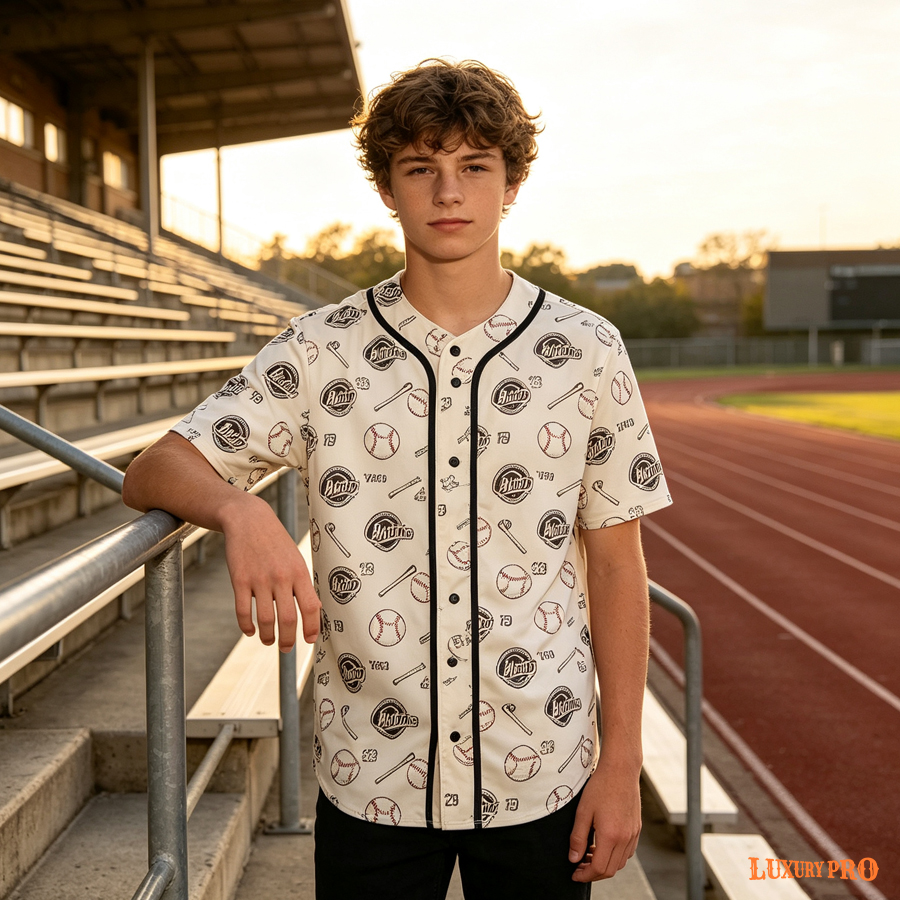 Youth Printed Piping Baseball Cardigan - Black Buttons