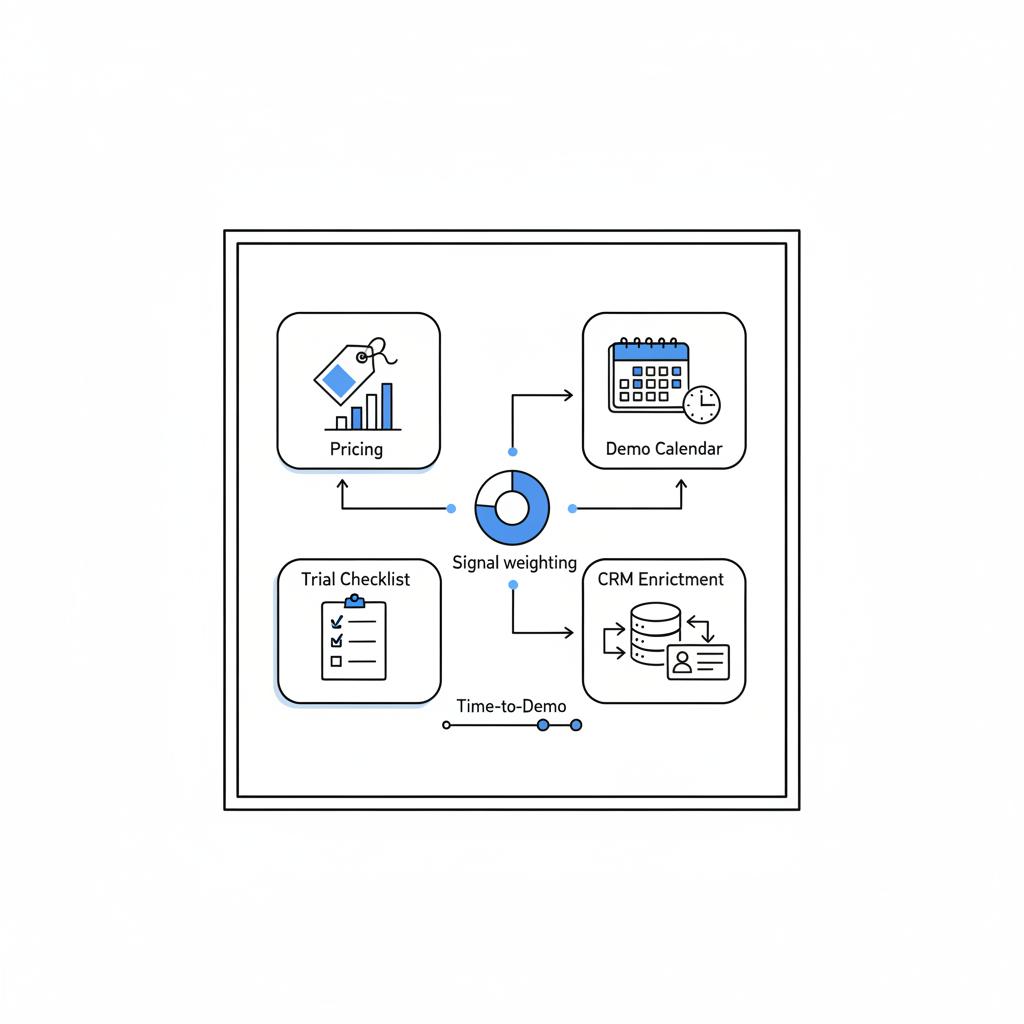 Minimal 2D vector flat-lay of notebook-style strategy sketches showing SMB lead buyer signals: pricing tag, demo calendar, trial checklist and CRM enrichment, tidy layout.