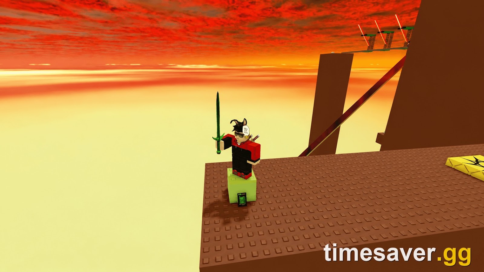Roblox avatar holding a classic sword on a high floating platform in Sword Fights on the Heights IV