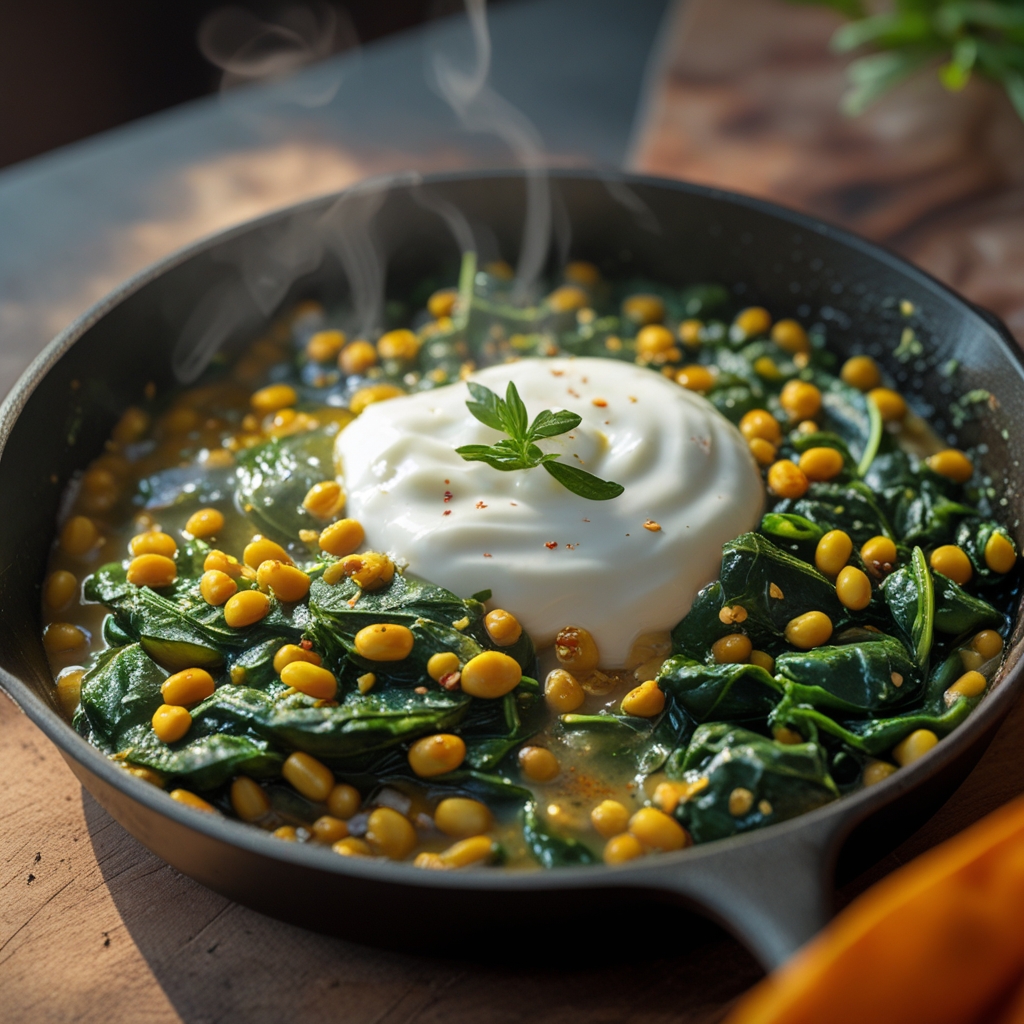 Final High-Protein Mung Bean & Spinach Breakfast Skillet with Turmeric Yogurt