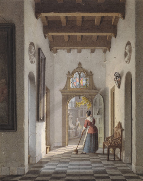 Meid die de gang van een huis veegt 1837