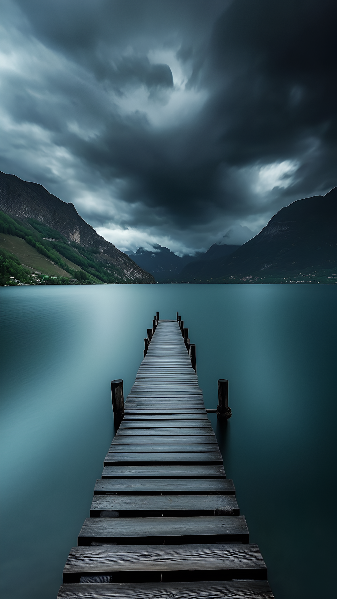 Moody Wooden Dock Lake Stormy Sky Mountain Landscape View - Free 4K mobile Wallpaper