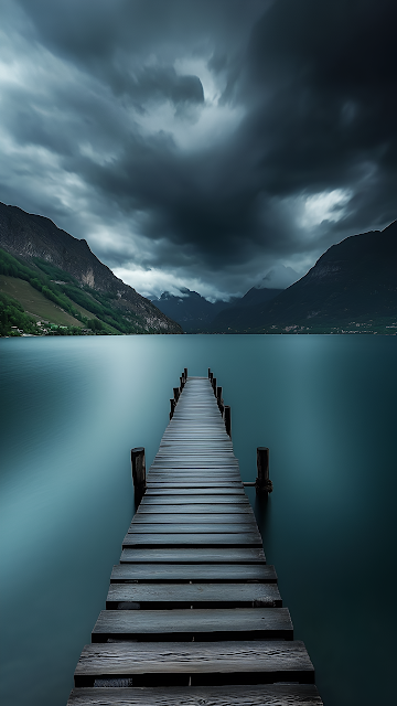 Moody Wooden Dock Lake Stormy Sky Mountain Landscape View - Free mobile Wallpaper