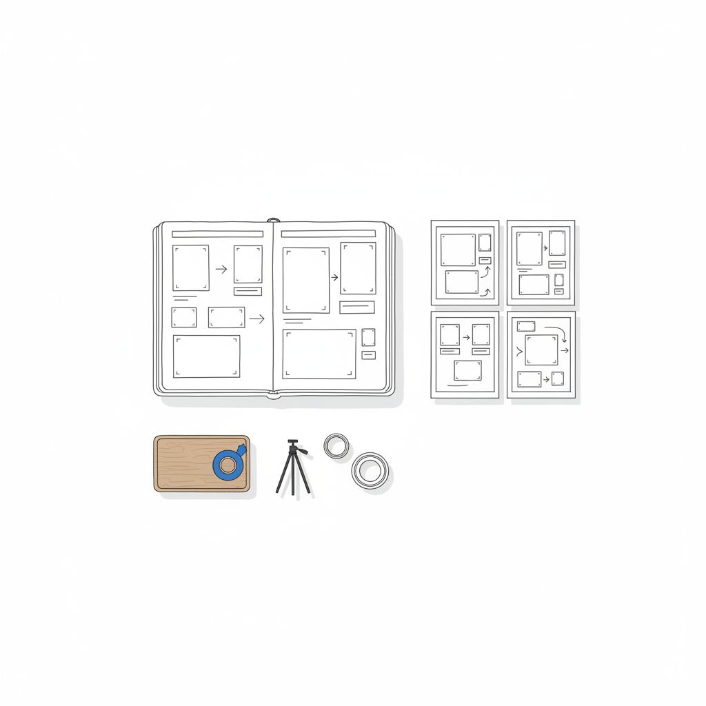 Minimal 2D vector top-down layout of photography gear, notebook-style sketches and a printed hero image grid on a white surface, illustrating how to get featured on Houzz planning.