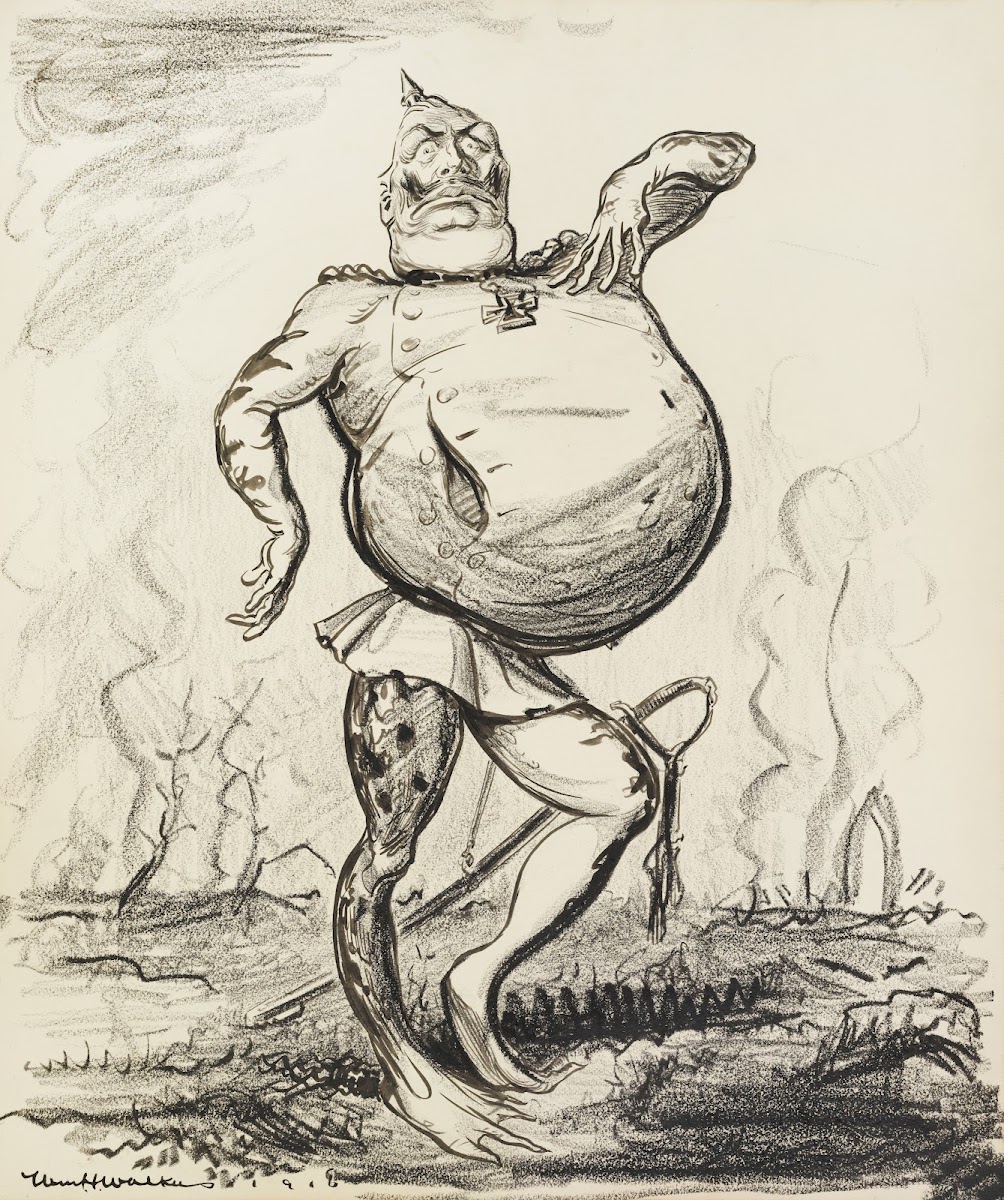 Kaiser Wilhelm II depicted as a frog with an inflated belly standing over a ruin