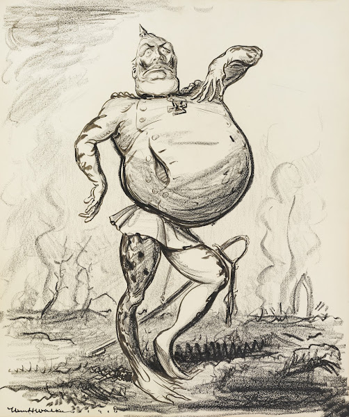 Kaiser Wilhelm II depicted as a frog with an inflated belly standing over a ruin
