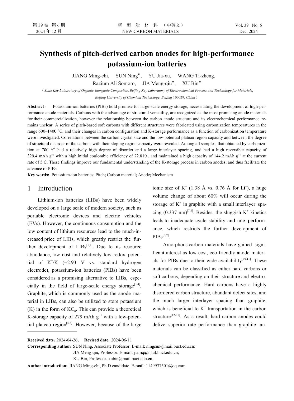Synthesis of pitch-derived carbon anodes for high-performance potassium-ion batteries