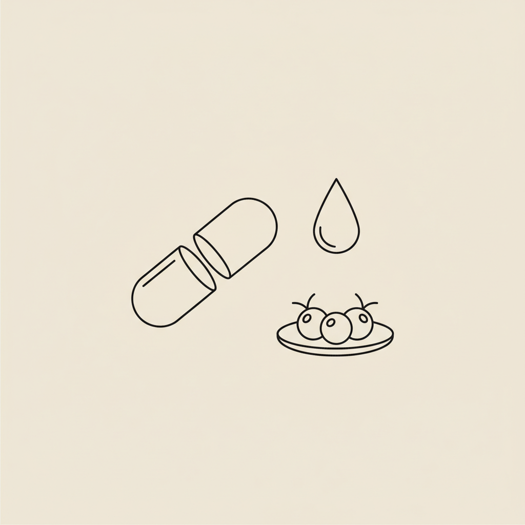 Minimalist Tonum-style line illustration of a capsule, water droplet, and small plate with berries on beige background, representing oral semaglutide weight loss.