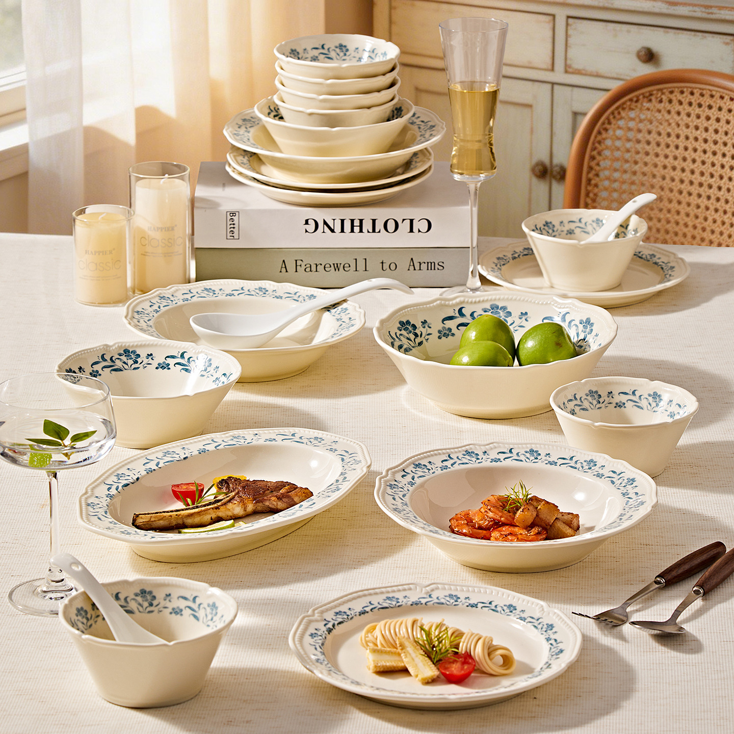 Ceramic tableware set, floral pattern, Japanese style