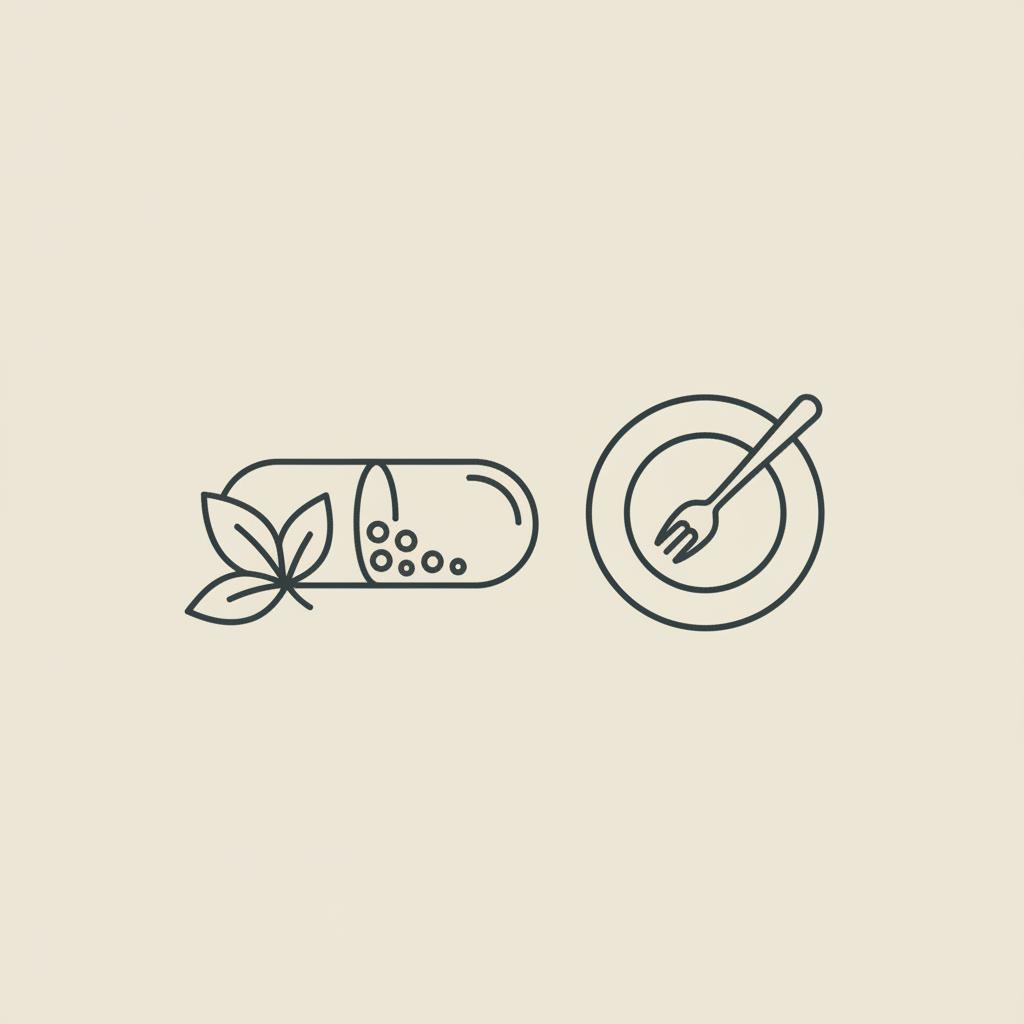 Minimalist vector line illustration of a capsule, leaf, and plate with fork on beige background representing alpha-lipoic acid weight loss