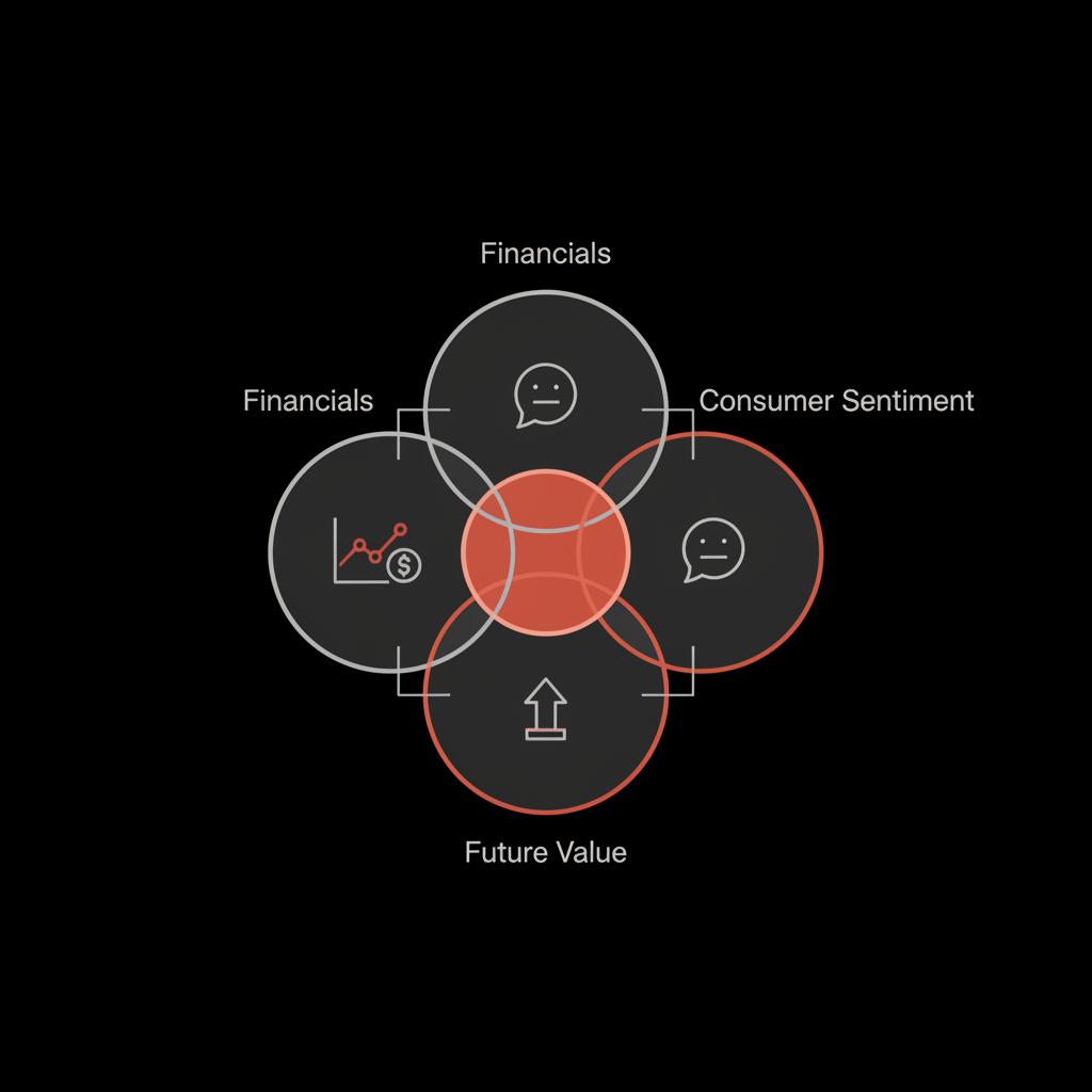 Minimal Venn diagram of Financials, Consumer Sentiment, and Future Value on black background highlighting world's most valuable brand factors