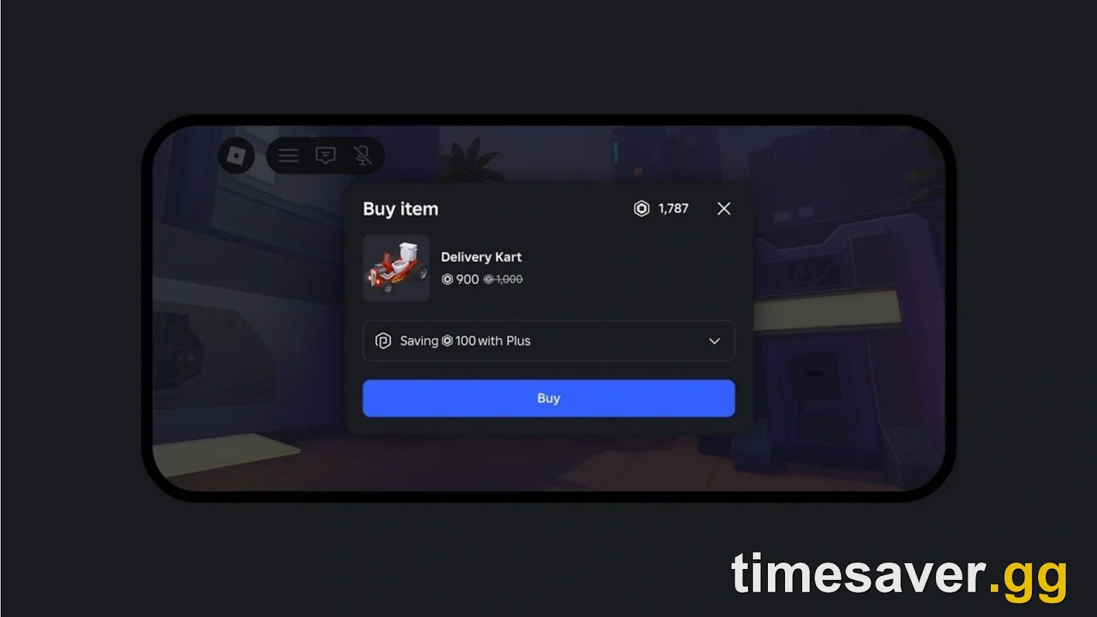 Roblox Plus purchase dialog showing an avatar item discounted, with a "Saving with Plus" line